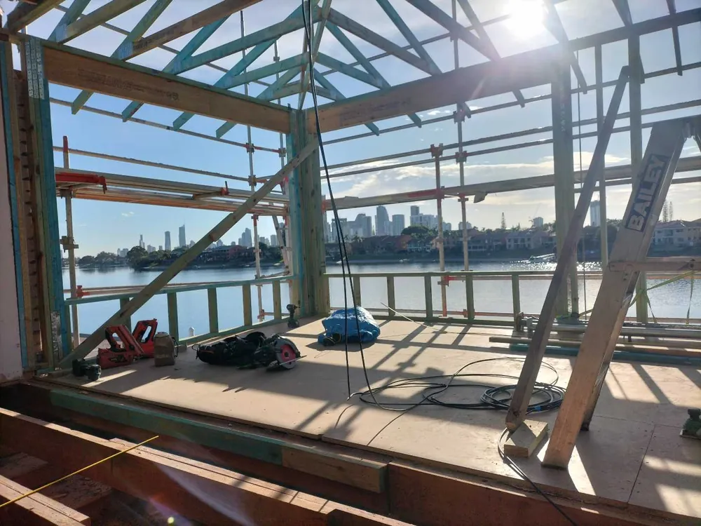 Structural framing under construction at a waterside property, a Seaforth Builders project on the Gold Coast